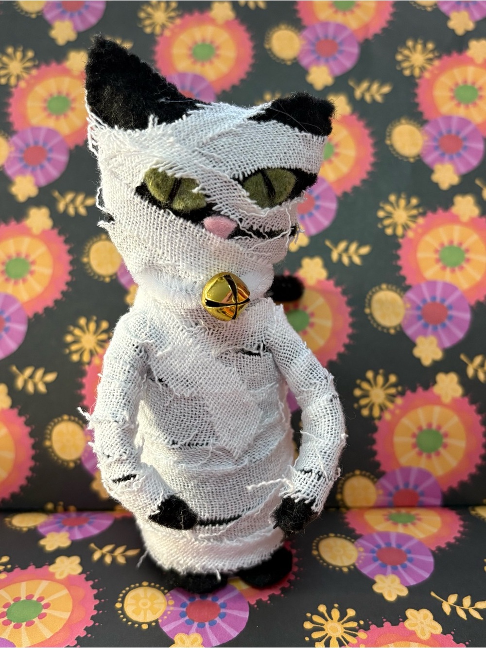 Black Cat Mummy art doll Halloween felt hand-sewn charcuterie figure decor meow